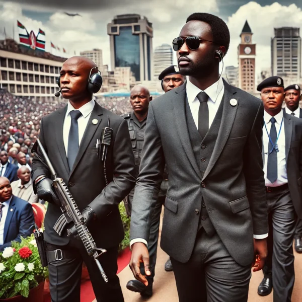 DALL·E 2024-09-13 21.05.04 - A professional VIP protection scene in Kenya. The security detail consists of well-dressed bodyguards escorting a high-profile individual through a pu
